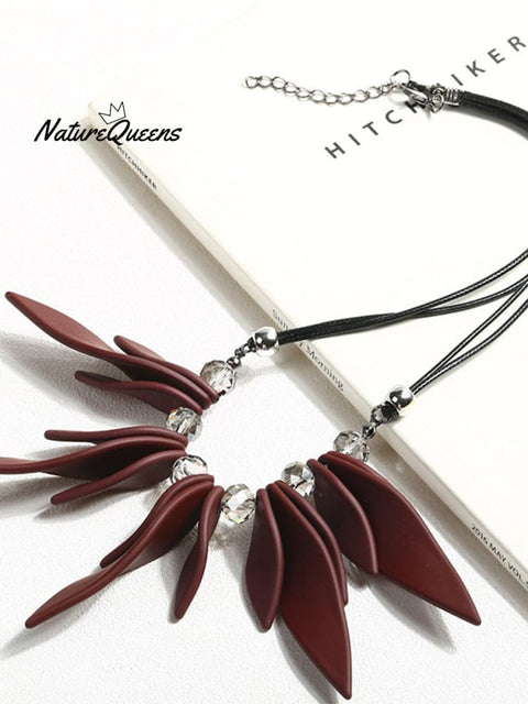 Multilayered Leaf Crystal Leather Cord Necklace Red / Onesize