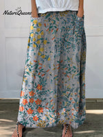 Women’s Retro Elegant Floral Art Pattern Print Linen Pocket Skirt