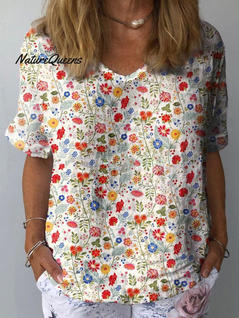 Women’s Pastoral Floral Art Print Casual Cotton And Linen Shirt Top - 2 / S