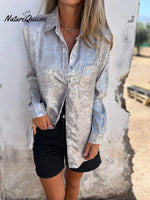 Casual Suede Lapel Neck Button Down Shirt Silver / S