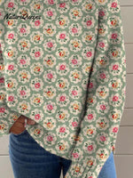 Women's Lovely Floral Art Print Knit Turtleneck Pullover Sweater