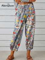 Women’s Floral Art Printed Cotton And Linen Casual Pants Multicolor / S