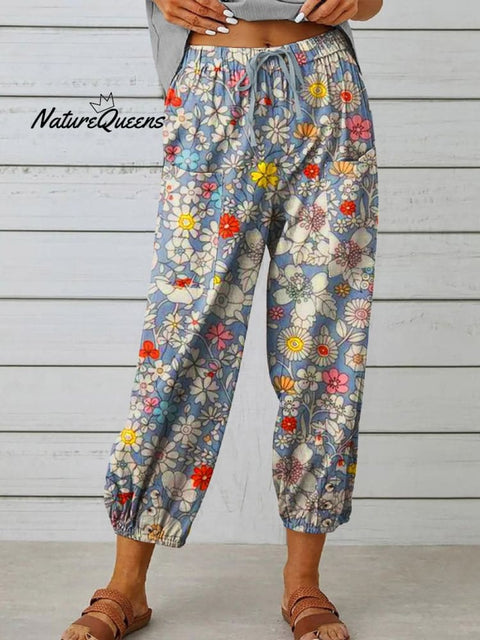 Women’s Floral Art Printed Cotton And Linen Casual Pants Multicolor / S