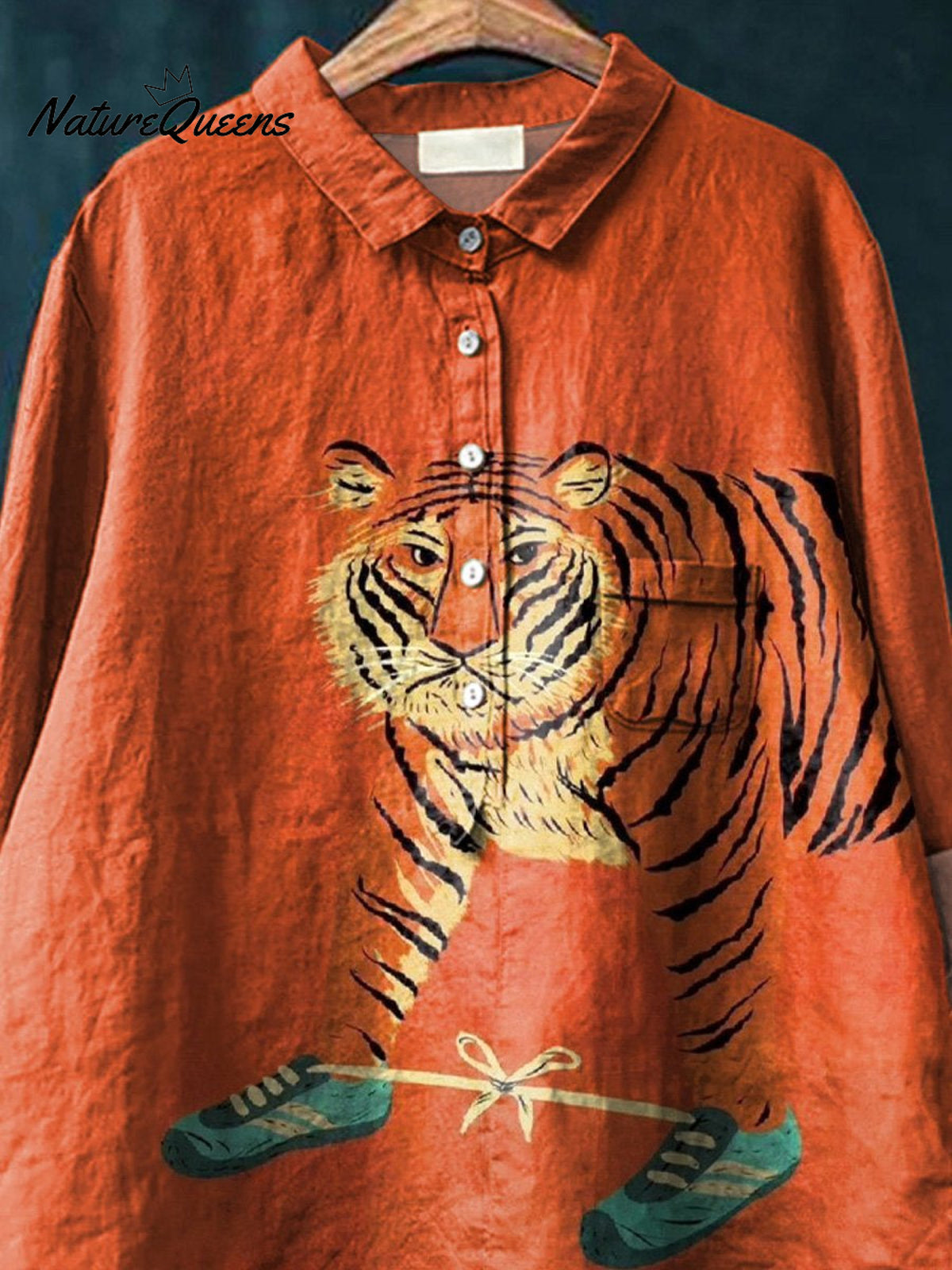 Funny Tiger Graphic Printed Women's Casual Cotton And Linen Shirt