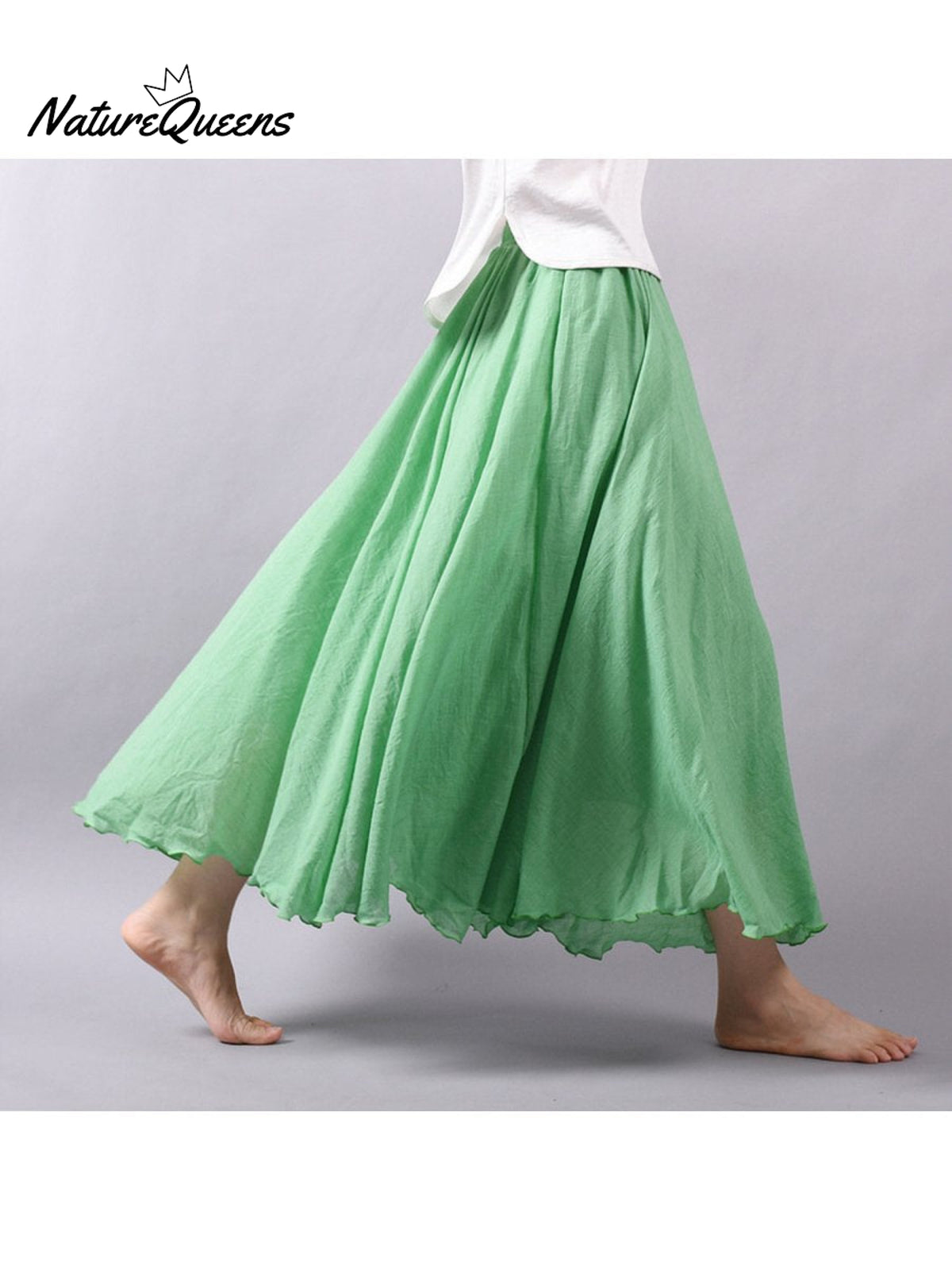 Women’s Cotton Linen Skirt Casual Elastic High Waist Pleated A-Line Beach Skirts Fruit Green / S