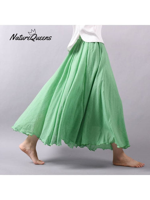 Women’s Cotton Linen Skirt Casual Elastic High Waist Pleated A-Line Beach Skirts Fruit Green / S