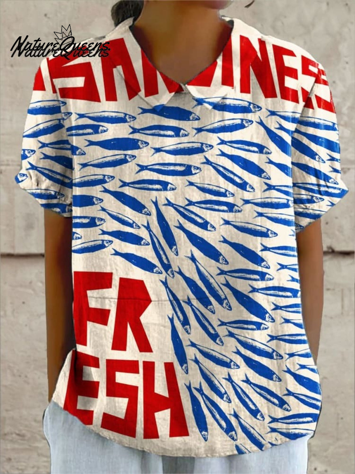 Women's Vintage Fish Art Print Casual Cotton And Linen Shirt