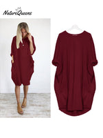 Women’s Solid Color Loose Elegant Casual Long - Sleeved Pocket Dress Red / S
