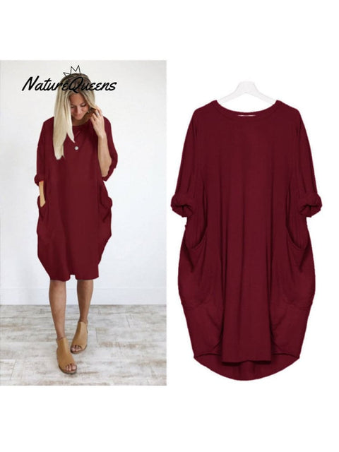 Women’s Solid Color Loose Elegant Casual Long - Sleeved Pocket Dress Red / S