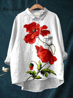 Women's Red Poppy Flower Art Print Casual Cotton And Linen Shirt