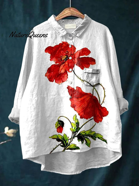 Women's Red Poppy Flower Art Print Casual Cotton And Linen Shirt