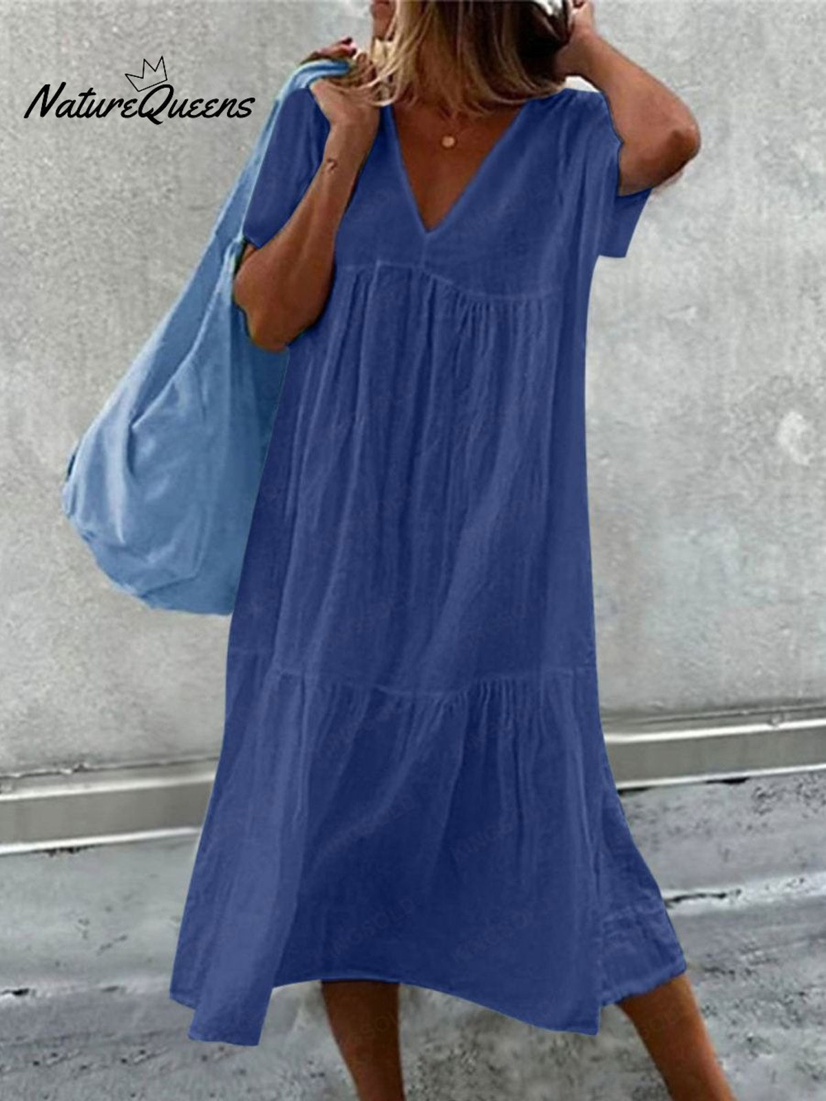 Women's V-Neck Short Sleeve Cotton And Linen Midi Dress