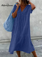 Women's V-Neck Short Sleeve Cotton And Linen Midi Dress