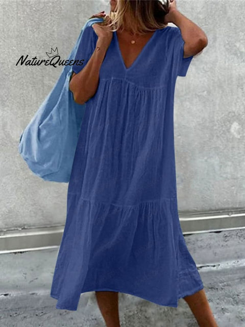 Women's V-Neck Short Sleeve Cotton And Linen Midi Dress