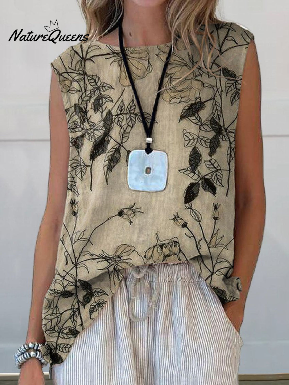 Women’s Retro Elegant Floral Art Print Casual Cotton And Linen Tank Top Multicolor / S