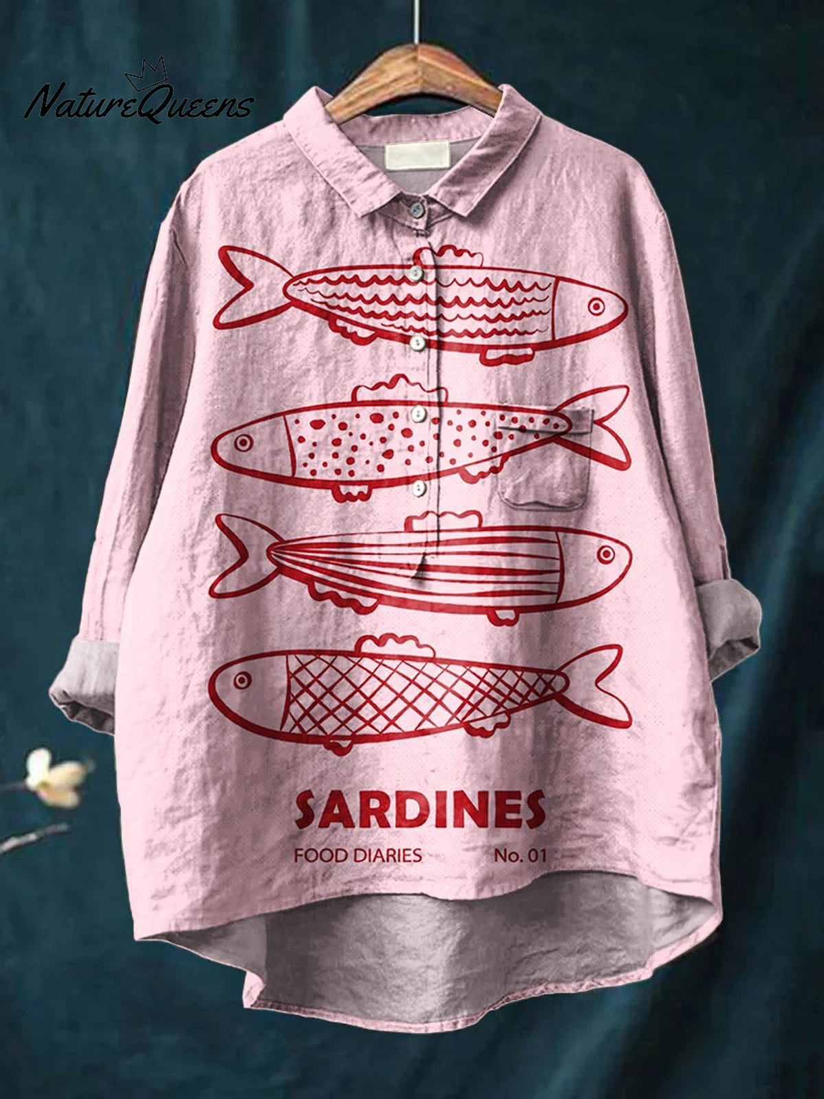Women's Cute Pink Sardines Print Casual Cotton And Linen Shirt