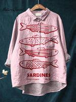 Women's Cute Pink Sardines Print Casual Cotton And Linen Shirt