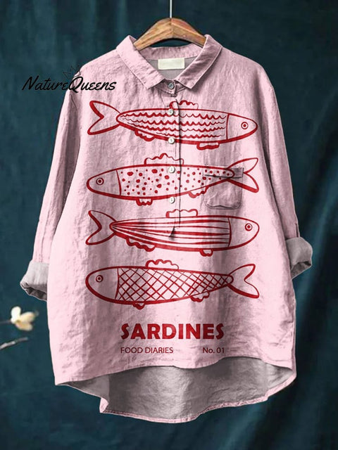 Women's Cute Pink Sardines Print Casual Cotton And Linen Shirt