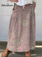Women’s Retro Elegant Floral Art Linen Pocket Skirt Pink / S