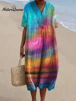 Oil Painting Sunset Scenery Art Printed Women's Flowy Dress