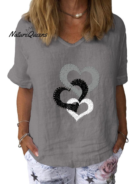 Women’s Love Art Print Cotton & Linen Casual Top Grey / S
