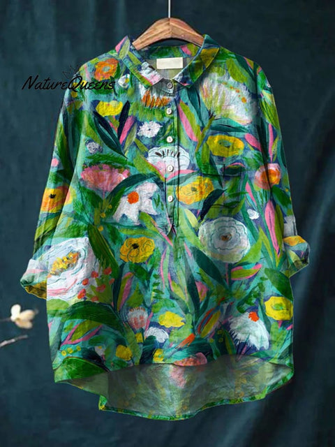 Women's Flower Print Casual Cotton And Linen Shirt