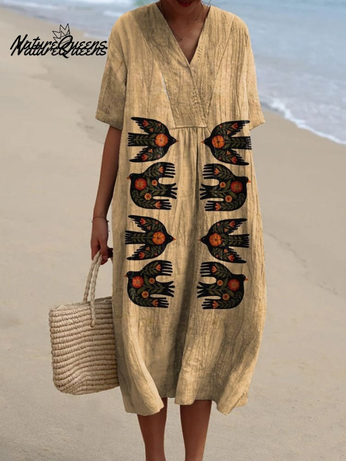 Women's Vintage Bird Print Casual Cotton and Linen Shirt