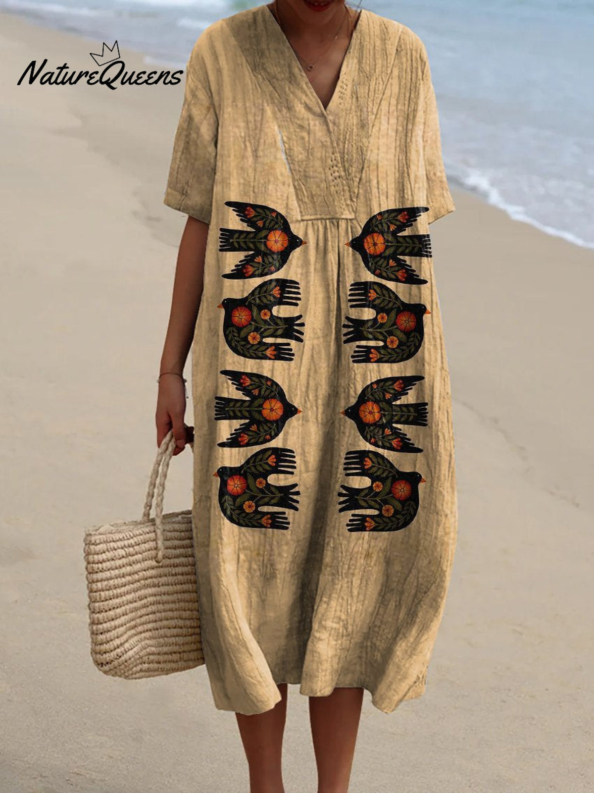 Retro Women's Hand Painted Bird Print Casual Dress