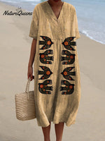 Retro Women's Hand Painted Bird Print Casual Dress