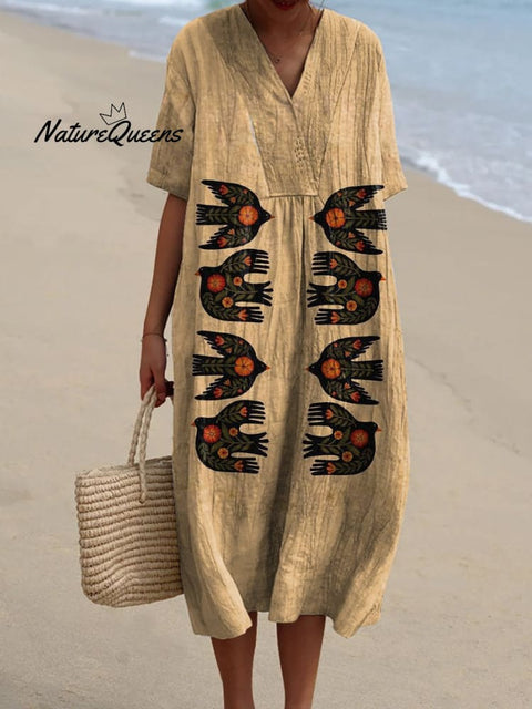 Retro Women's Hand Painted Bird Print Casual Dress
