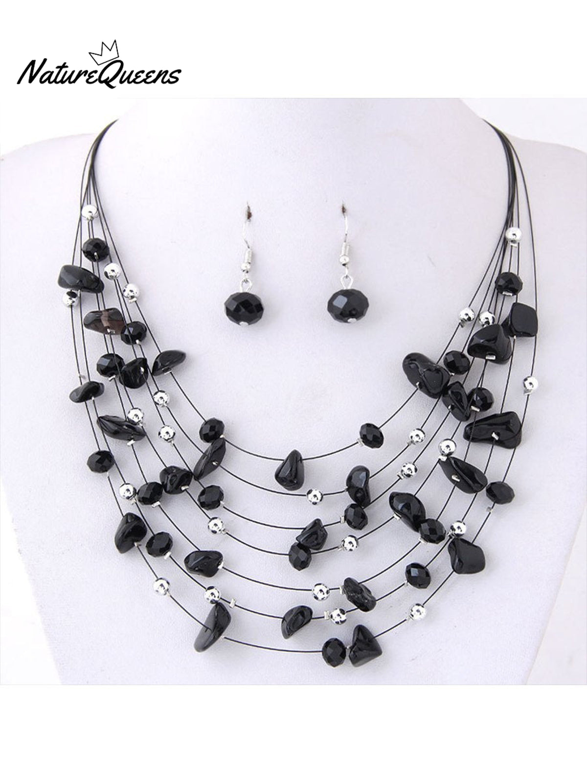 Bohemian Crystal Layered Necklace And Earrings Set Black / Onesize
