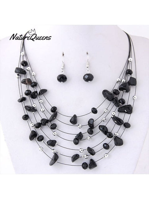 Bohemian Crystal Layered Necklace And Earrings Set Black / Onesize