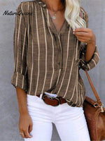 Women‘s Long Sleeve Blouse Ladies Fashion V - Neck Stripe Shirt Khaki / S