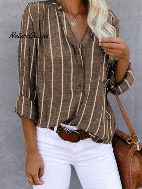 Women‘s Long Sleeve Blouse Ladies Fashion V - Neck Stripe Shirt Khaki / S