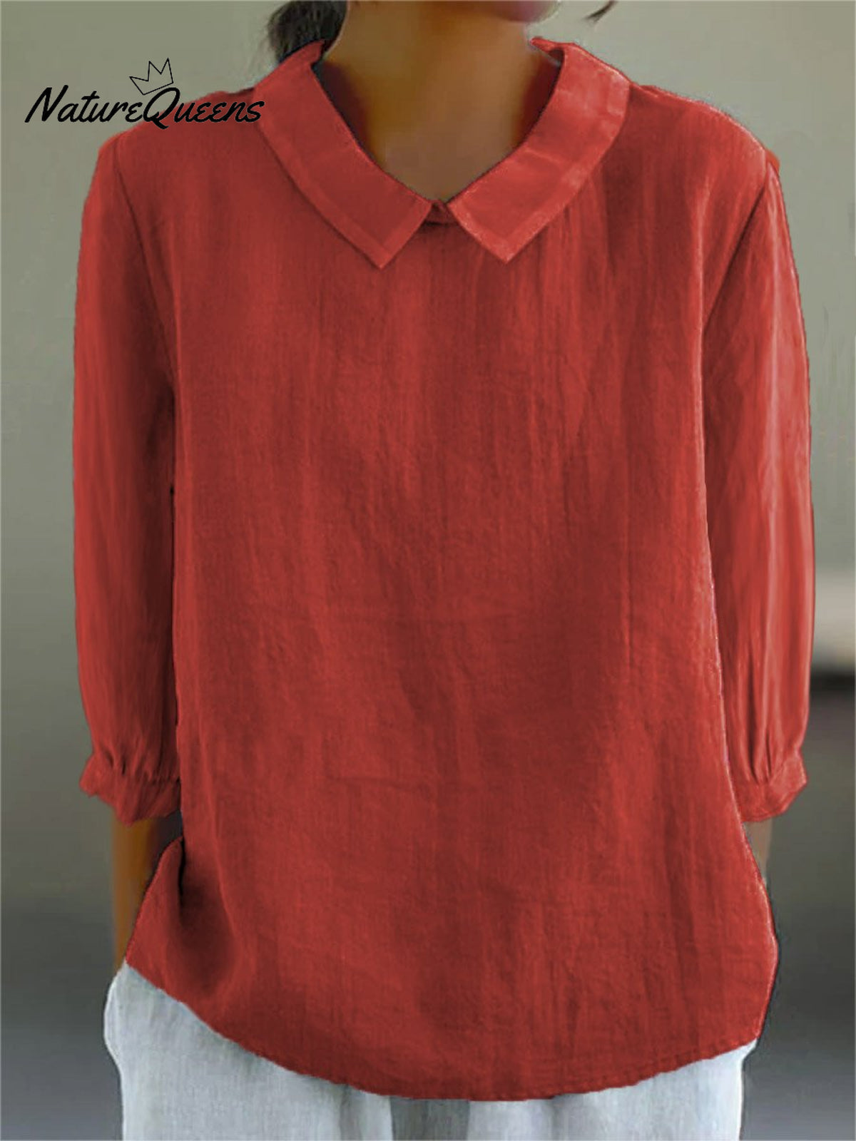 Women’s Solid Color Casual Cotton And Linen 3/4 Sleeve Shirt Red / S