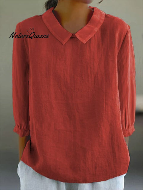 Women’s Solid Color Casual Cotton And Linen 3/4 Sleeve Shirt Red / S