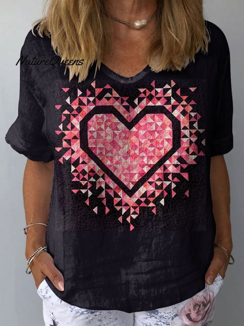 Women's Romantic Heart Jigsaw Art Print Casual Cotton And Linen Shirt