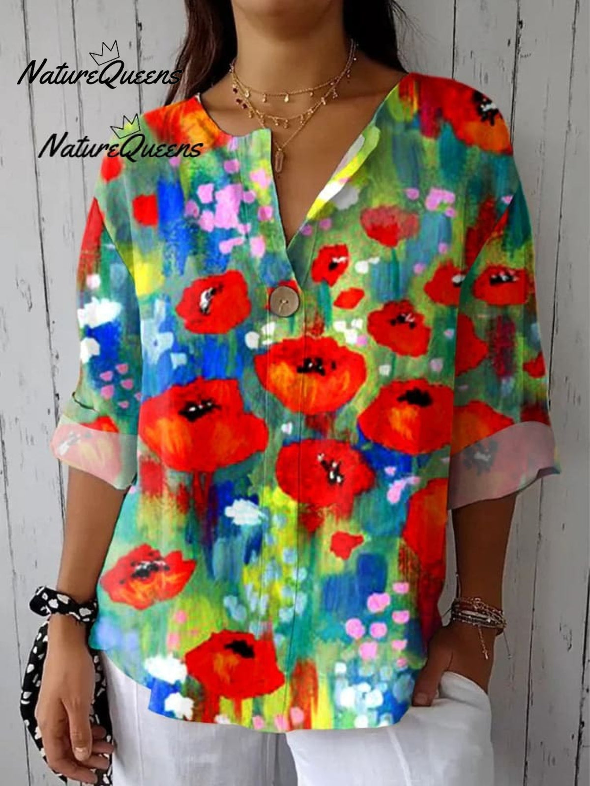 Women'sBright FlowerArt PrintCasual Cotton Shirt