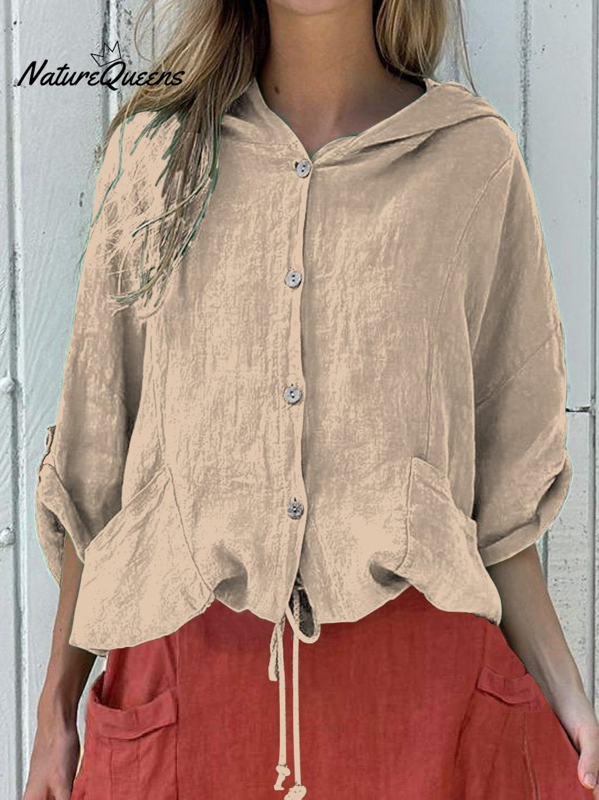 Women’s Hooded Drawstring Linen Casual Blouse Sand / S
