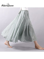Women’s Cotton Linen Skirt Casual Elastic High Waist Pleated A-Line Beach Skirts Light Green / S