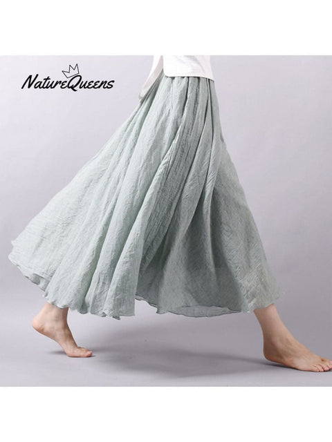 Women’s Cotton Linen Skirt Casual Elastic High Waist Pleated A-Line Beach Skirts Light Green / S