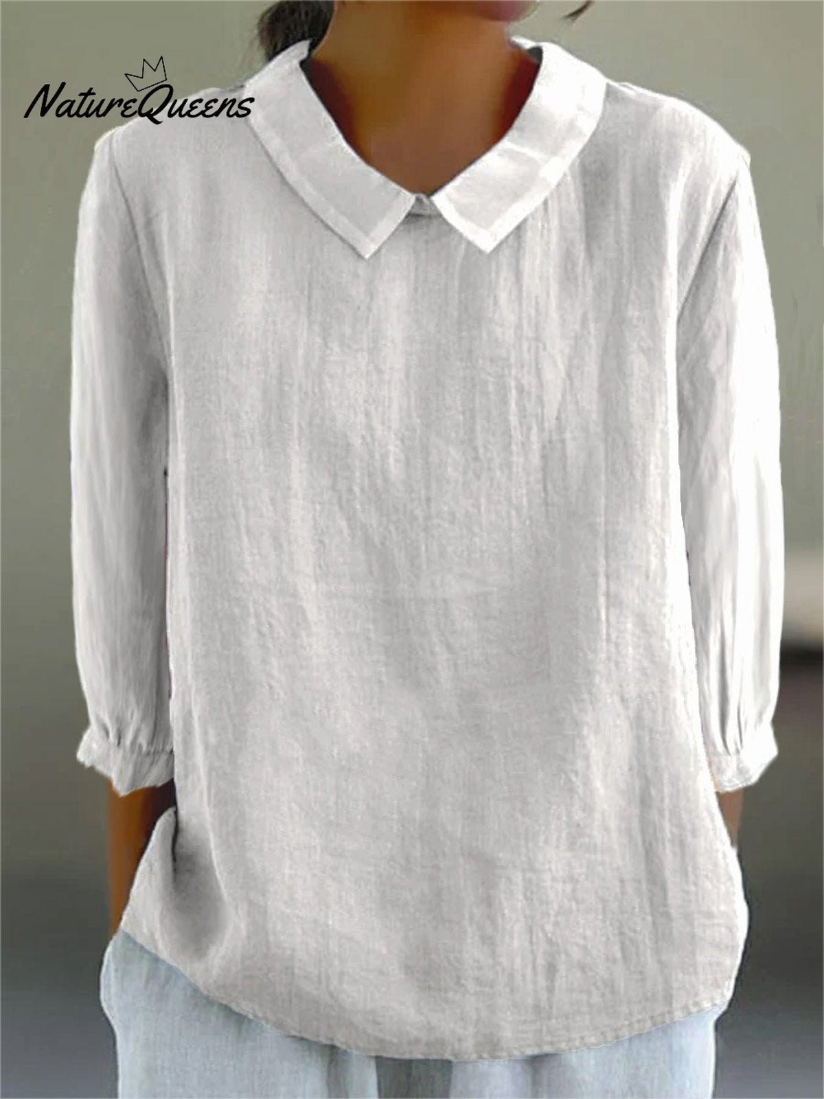Women’s Solid Color Casual Cotton And Linen 3/4 Sleeve Shirt White / S