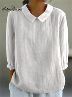 Women’s Solid Color Casual Cotton And Linen 3/4 Sleeve Shirt White / S