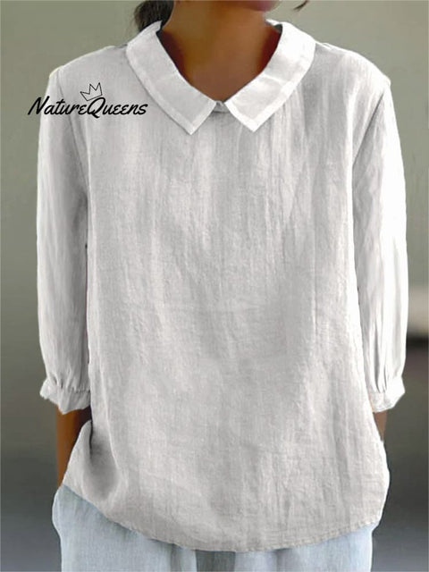 Women’s Solid Color Casual Cotton And Linen 3/4 Sleeve Shirt White / S