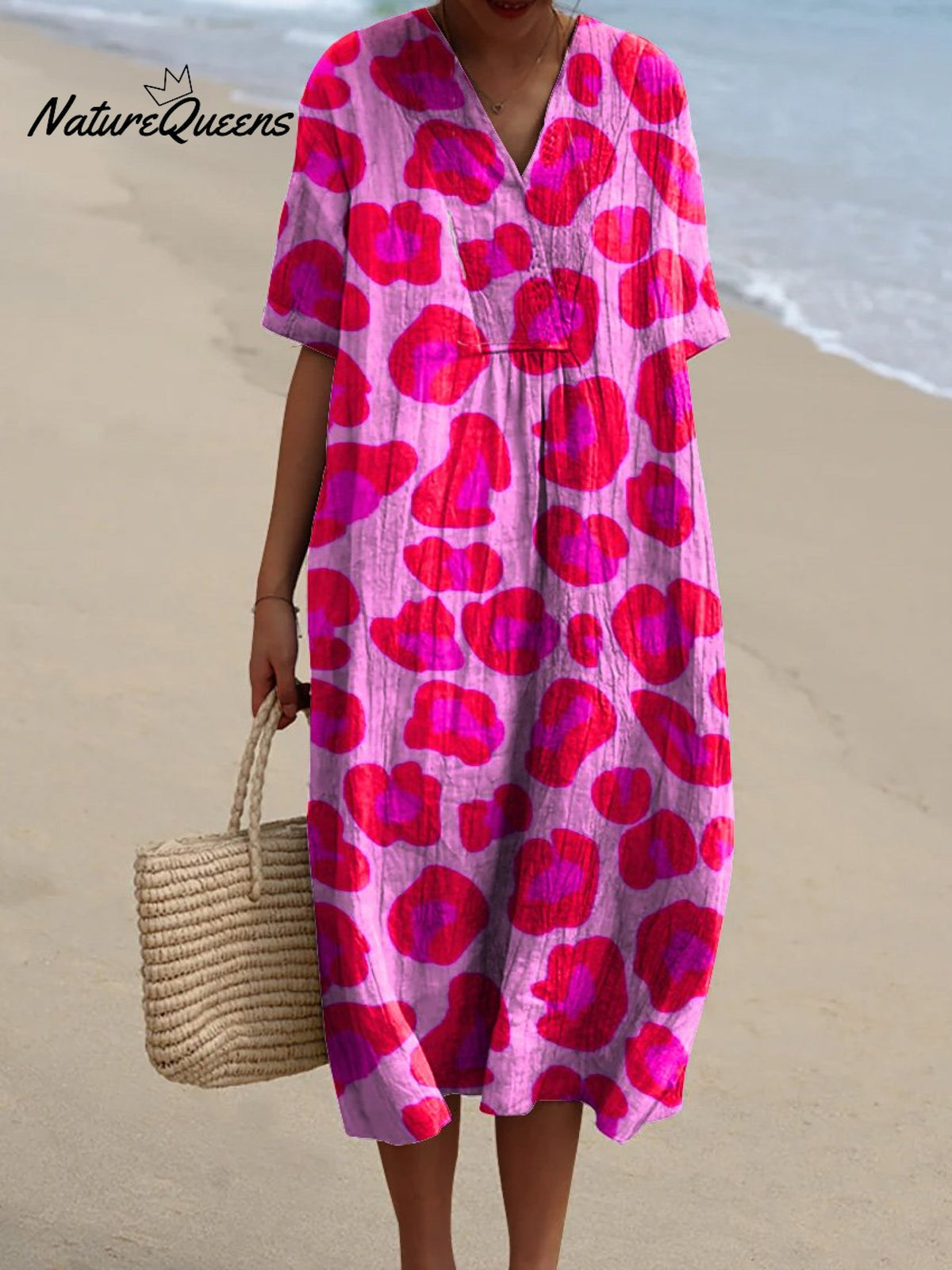 Pink Leopard Print Pattern Printed Women's Flowy Dress