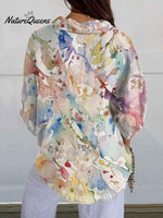 Women's Colorful Watercolor Art Print Casual Linen V-neck Shirt