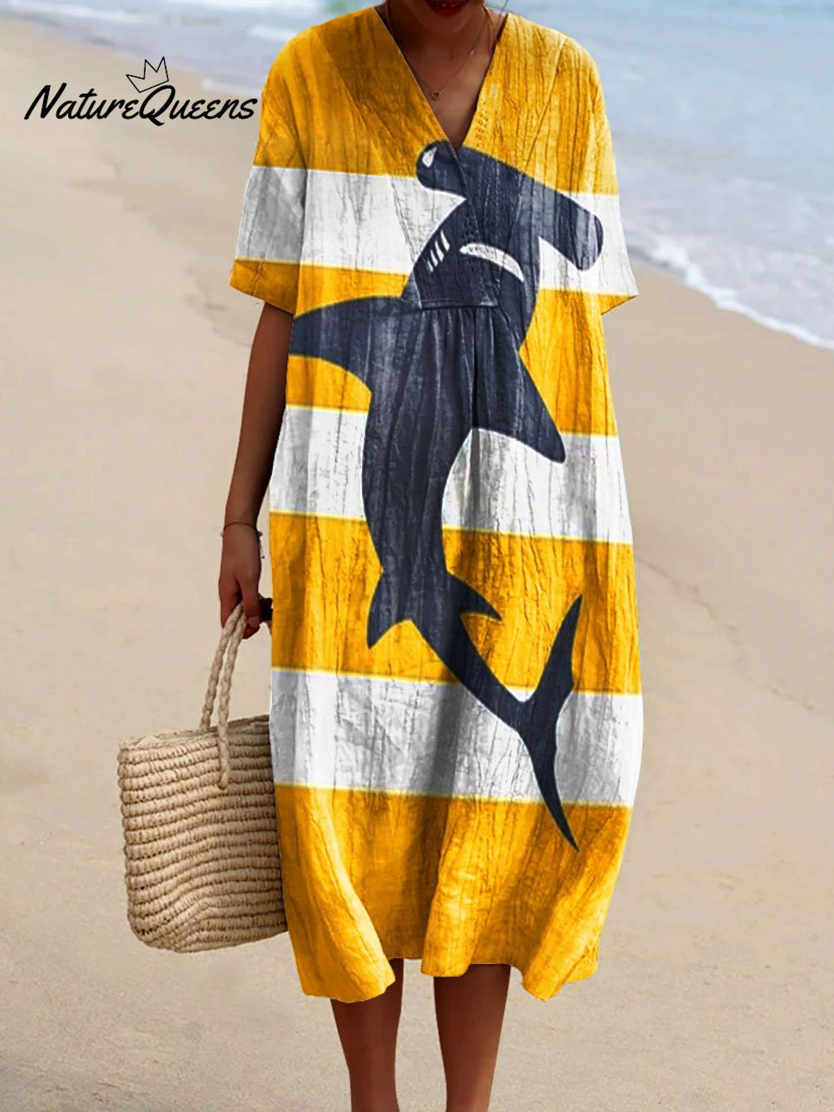 Women's Vintage Ocean Fish Sharks Art Print Flowy Dress