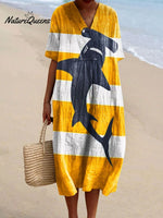 Women's Vintage Ocean Fish Sharks Art Print Flowy Dress