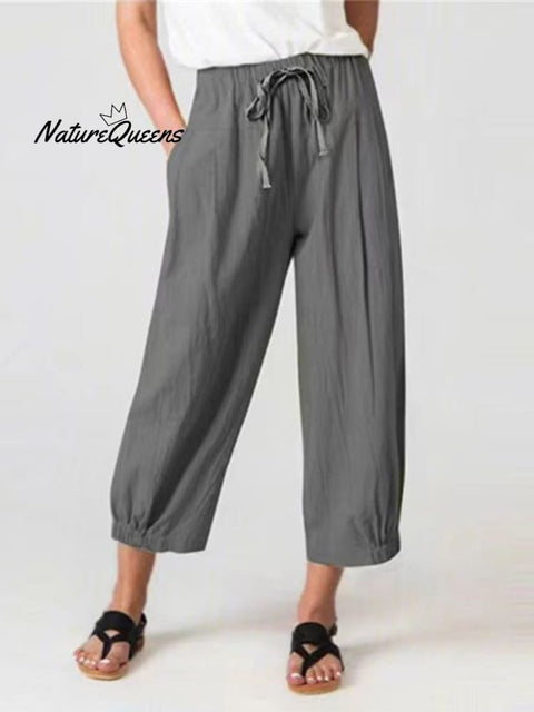 Women’s Slacks With Cotton And Linen Drawstring Pockets Dark Gray / S