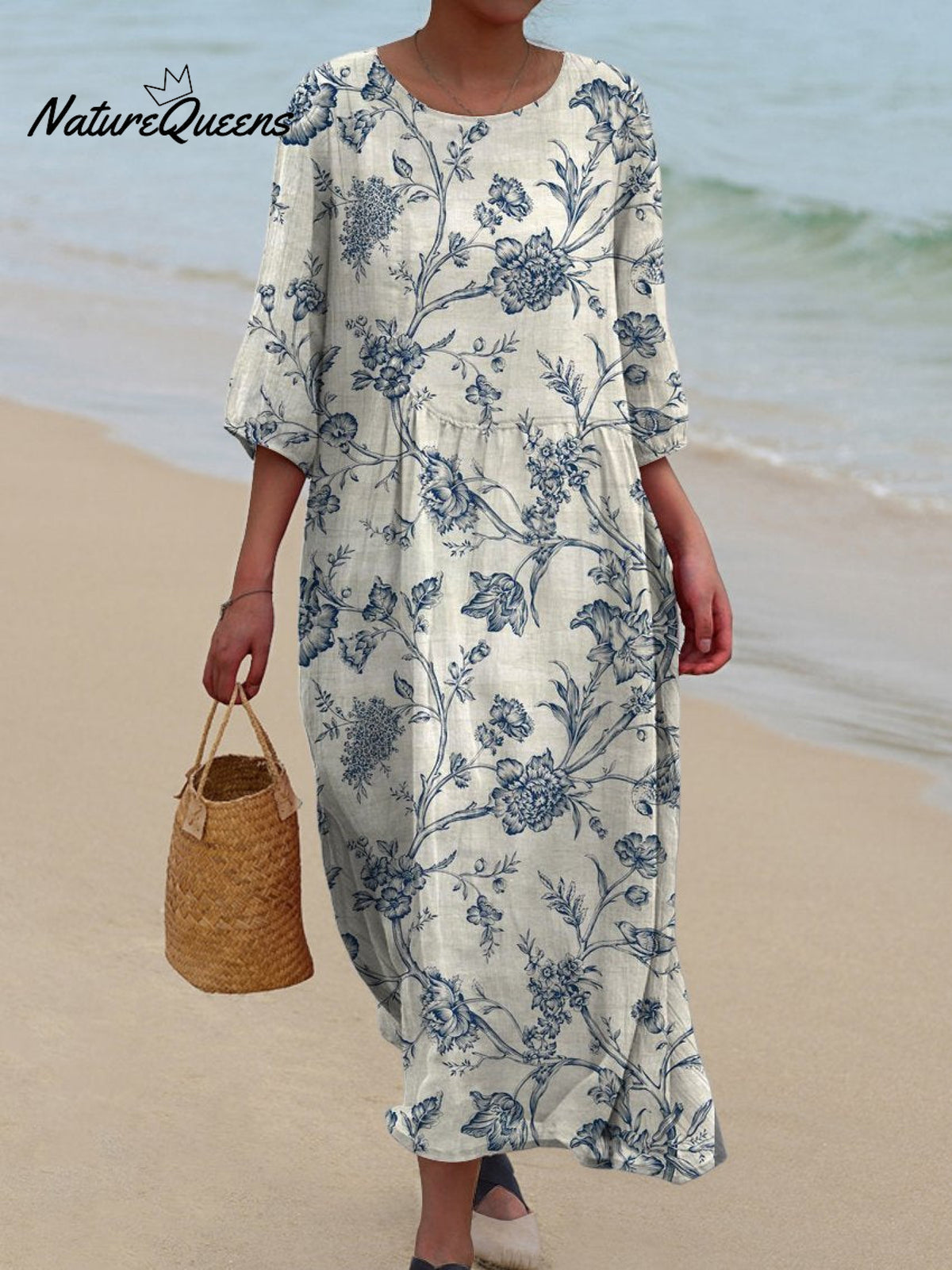 Women's Blue Vintage Curly Floral Print Pocket Cotton Dress